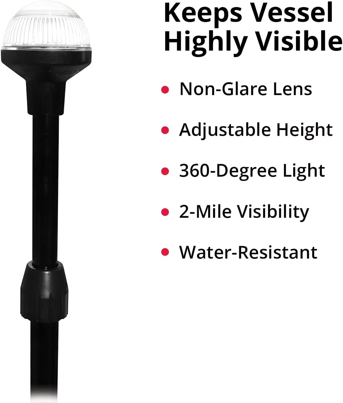 SeaSense LED Stern Light - Range of 2 Nautical Miles - Easily Adjustable, Stowable Black EDC Light for Boats, Kayaks, Canoes, Pontoons & Fishing Vessels up to 39 Feet (Base Not Included)