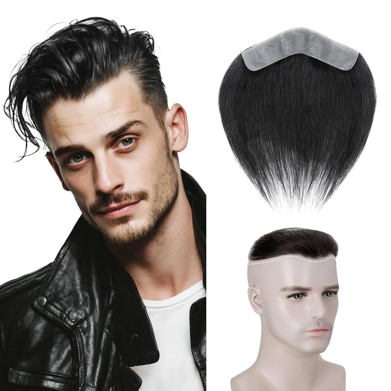 SEGO Men's Hairline Toupee 100% Human Hair Forehead Hairpiece V-Shape 1.57"x7" PU Thin Skin Base Natural Hairline Replacement（Hair:6" Long-#1 Jet Black