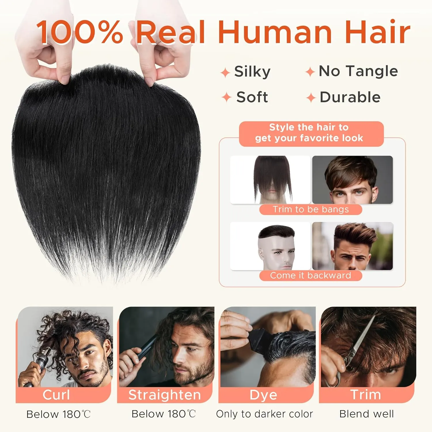 SEGO Men's Hairline Toupee 100% Human Hair Forehead Hairpiece V-Shape 1.57"x7" PU Thin Skin Base Natural Hairline Replacement（Hair:6" Long-#1 Jet Black