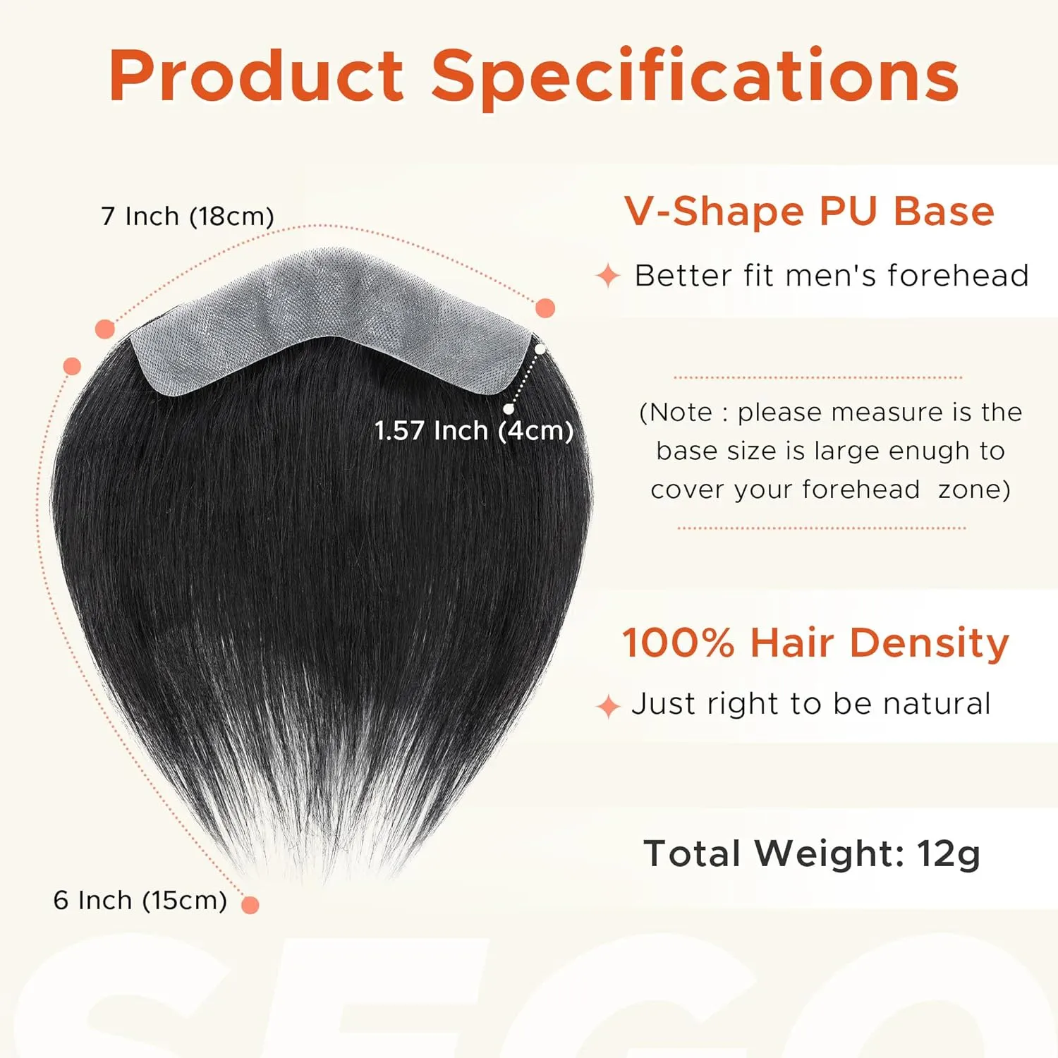 SEGO Men's Hairline Toupee 100% Human Hair Forehead Hairpiece V-Shape 1.57"x7" PU Thin Skin Base Natural Hairline Replacement（Hair:6" Long-#1 Jet Black