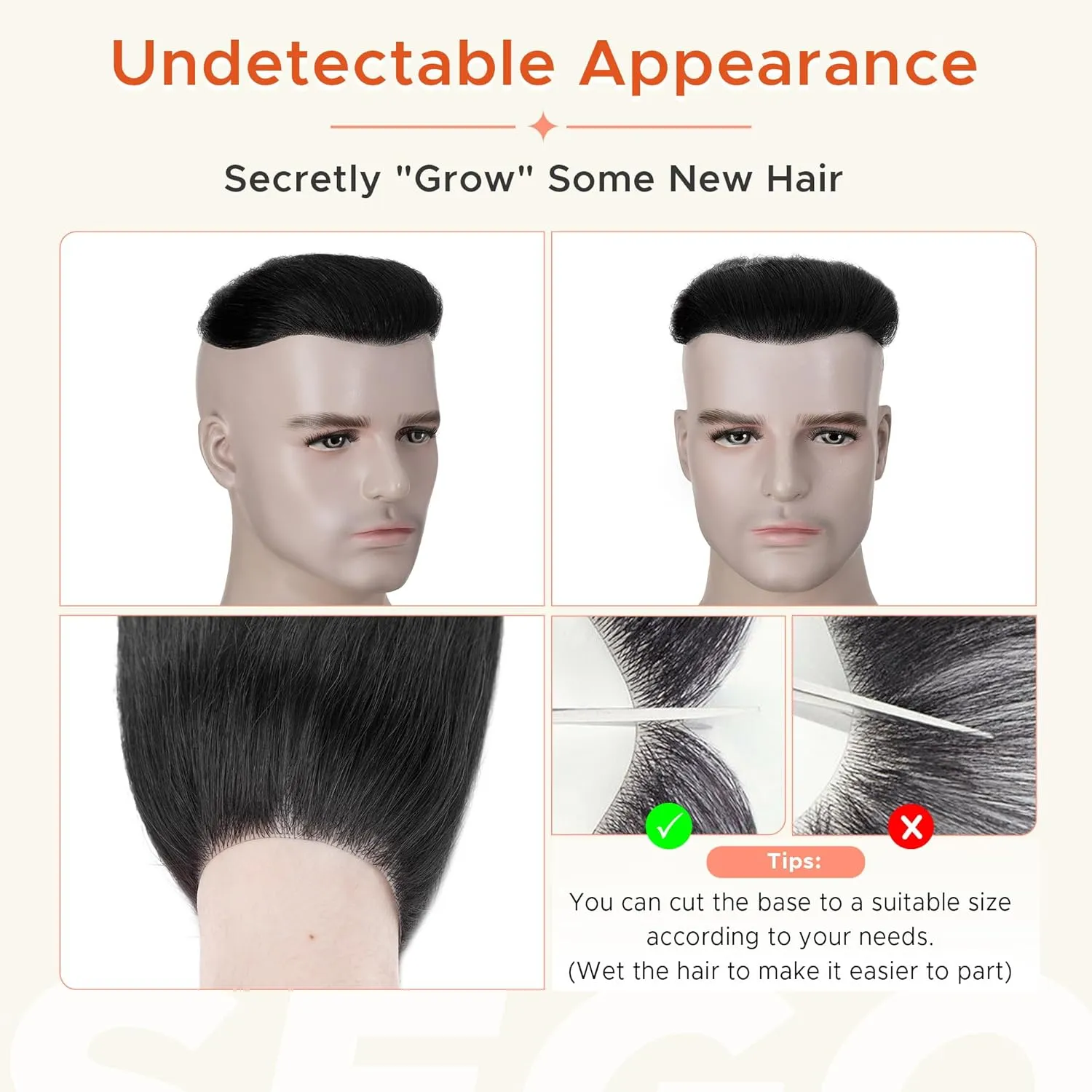 SEGO Men's Hairline Toupee 100% Human Hair Forehead Hairpiece V-Shape 1.57"x7" PU Thin Skin Base Natural Hairline Replacement（Hair:6" Long-#1 Jet Black