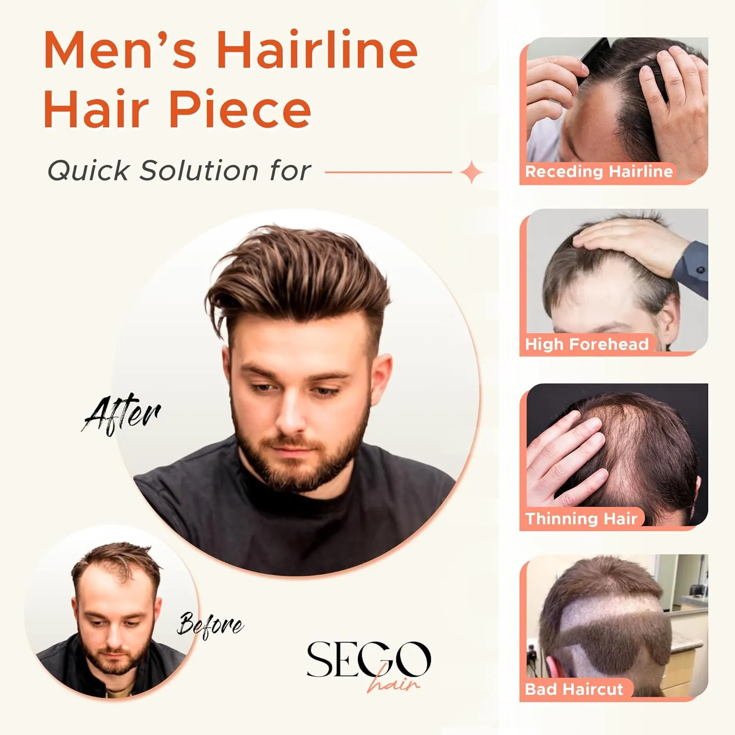 SEGO Men's Hairline Toupee 100% Human Hair Forehead Hairpiece V-Shape 1.57"x7" PU Thin Skin Base Natural Hairline Replacement（Hair:6" Long-#1 Jet Black