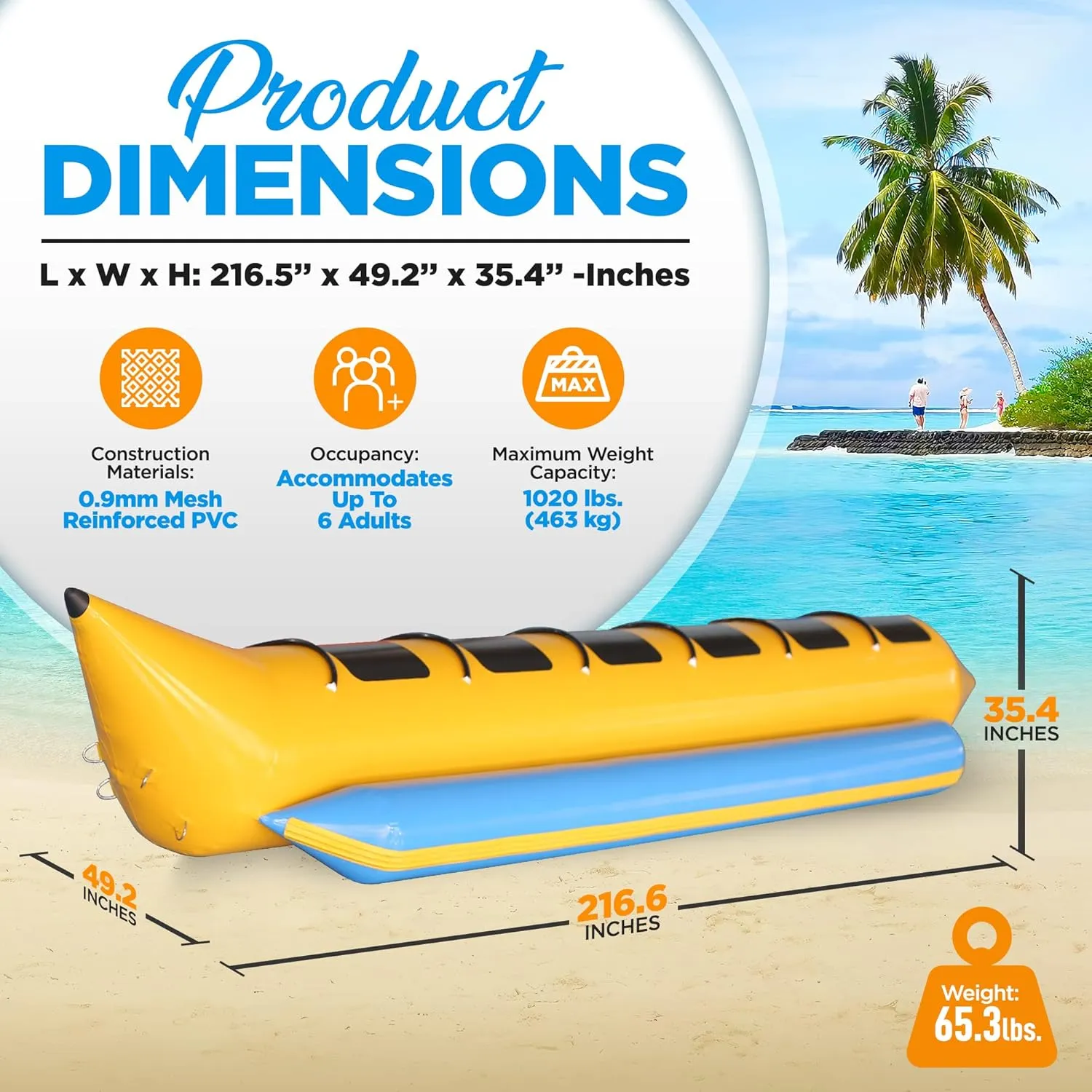SereneLife Person Inflatable Banana Boat, Includes Storage Bag, Foot Pump, and Repair Kit, Tough and Thick, Reinforced Seats and Foot Areas