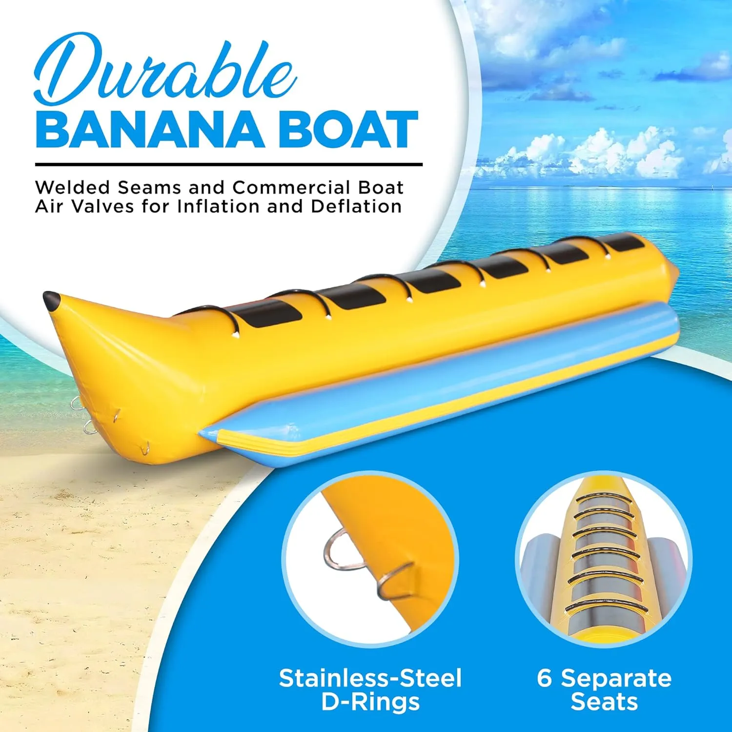 SereneLife Person Inflatable Banana Boat, Includes Storage Bag, Foot Pump, and Repair Kit, Tough and Thick, Reinforced Seats and Foot Areas