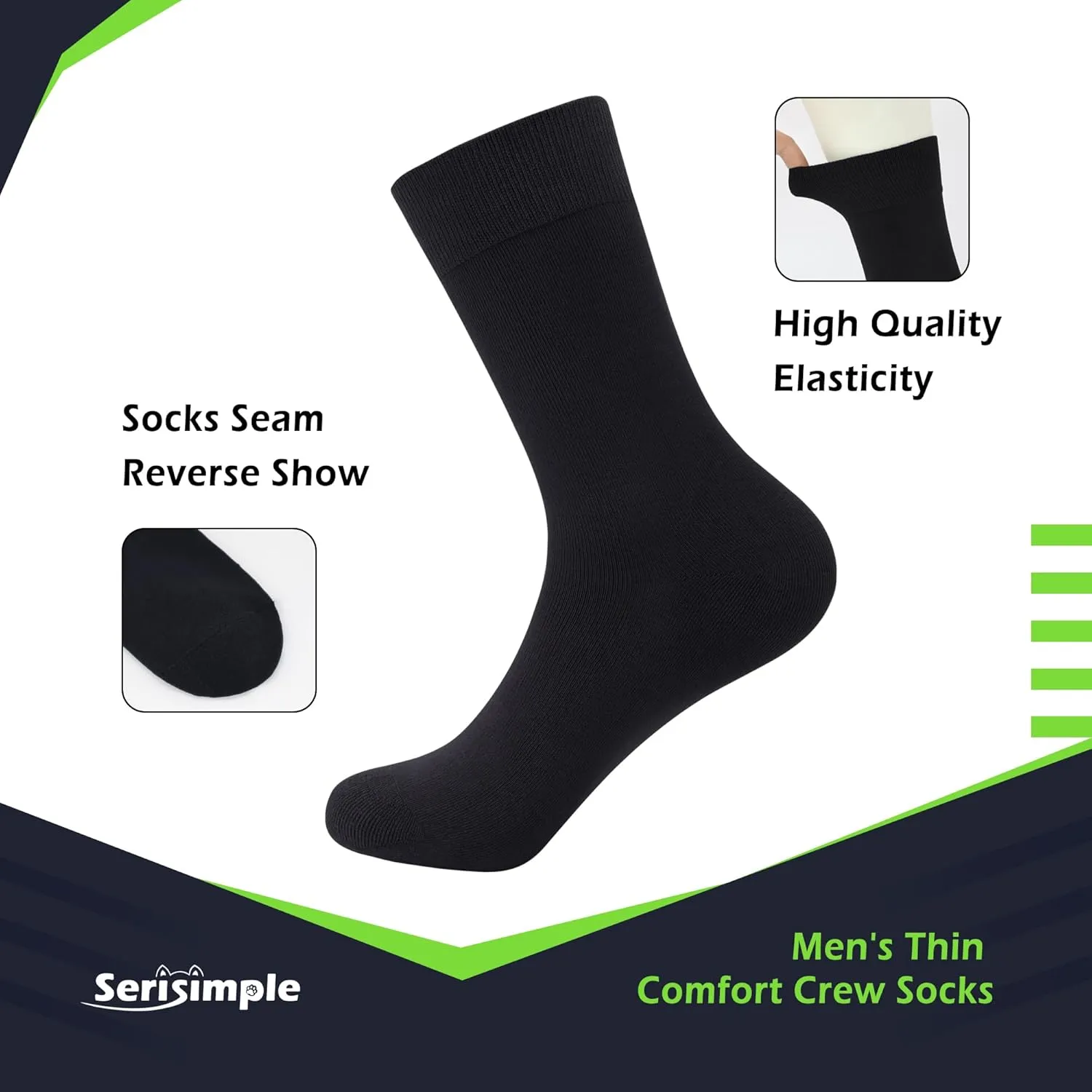 SERISIMPLE Viscose Bamboo Dress Men Sock Thin Soft Crew Anti Odor Lightweight Sock Breathable Comfort Cool soft Sock 5 Pairs