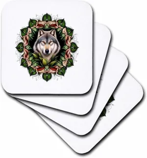 Set of 4 Ceramic Tile Coasters - A Timber Wolf Surrounded by Ladys Slipper Minnesota State Tattoo Art Vector Art - Minnesota Mammal Flower