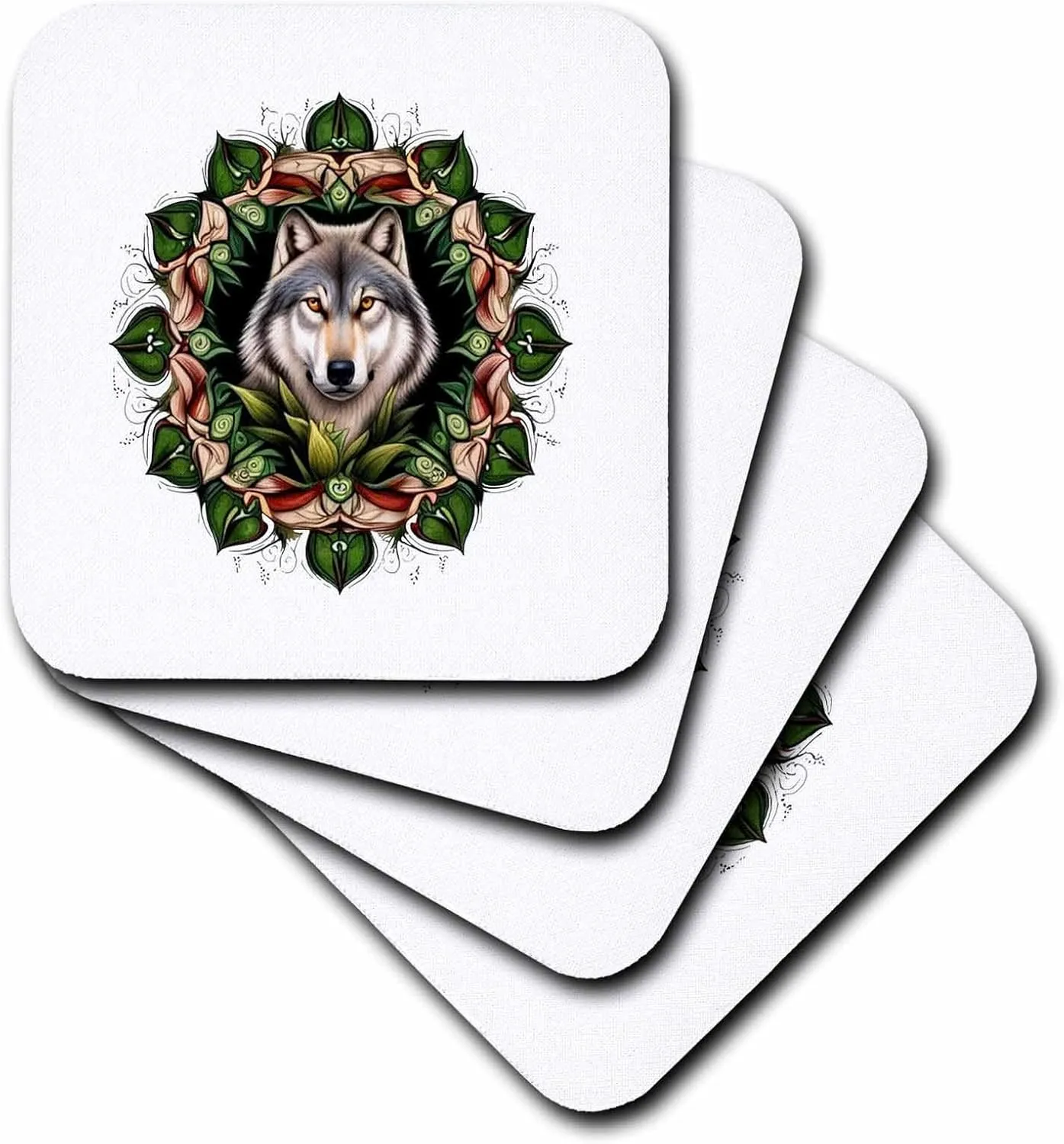 Set of 4 Ceramic Tile Coasters - A Timber Wolf Surrounded by Ladys Slipper Minnesota State Tattoo Art Vector Art - Minnesota Mammal Flower