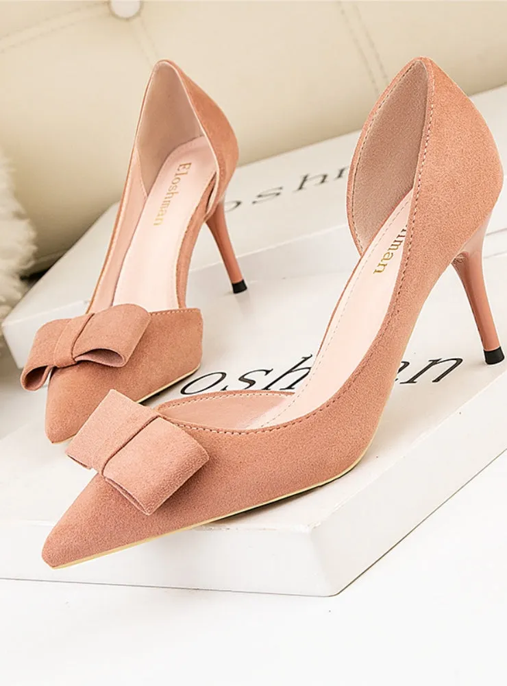 Shallow-mouthed Pointed Suede Bow Shoes