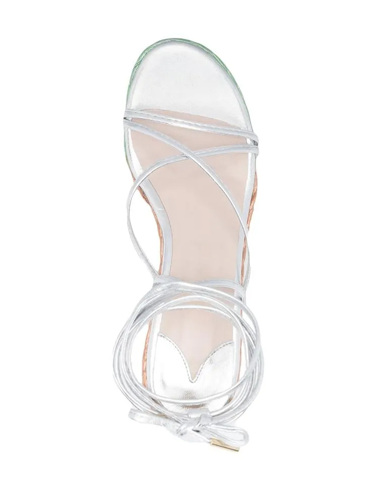 Silver Multi Bands Open-toe Irised Espadrille Wedge Sandals With Self-tie