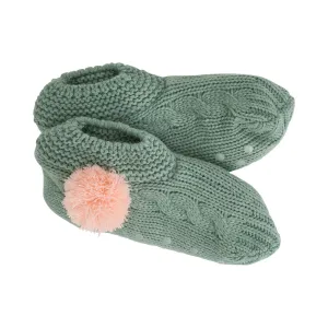 Slouchy Slippers - Sage with Pink Pom