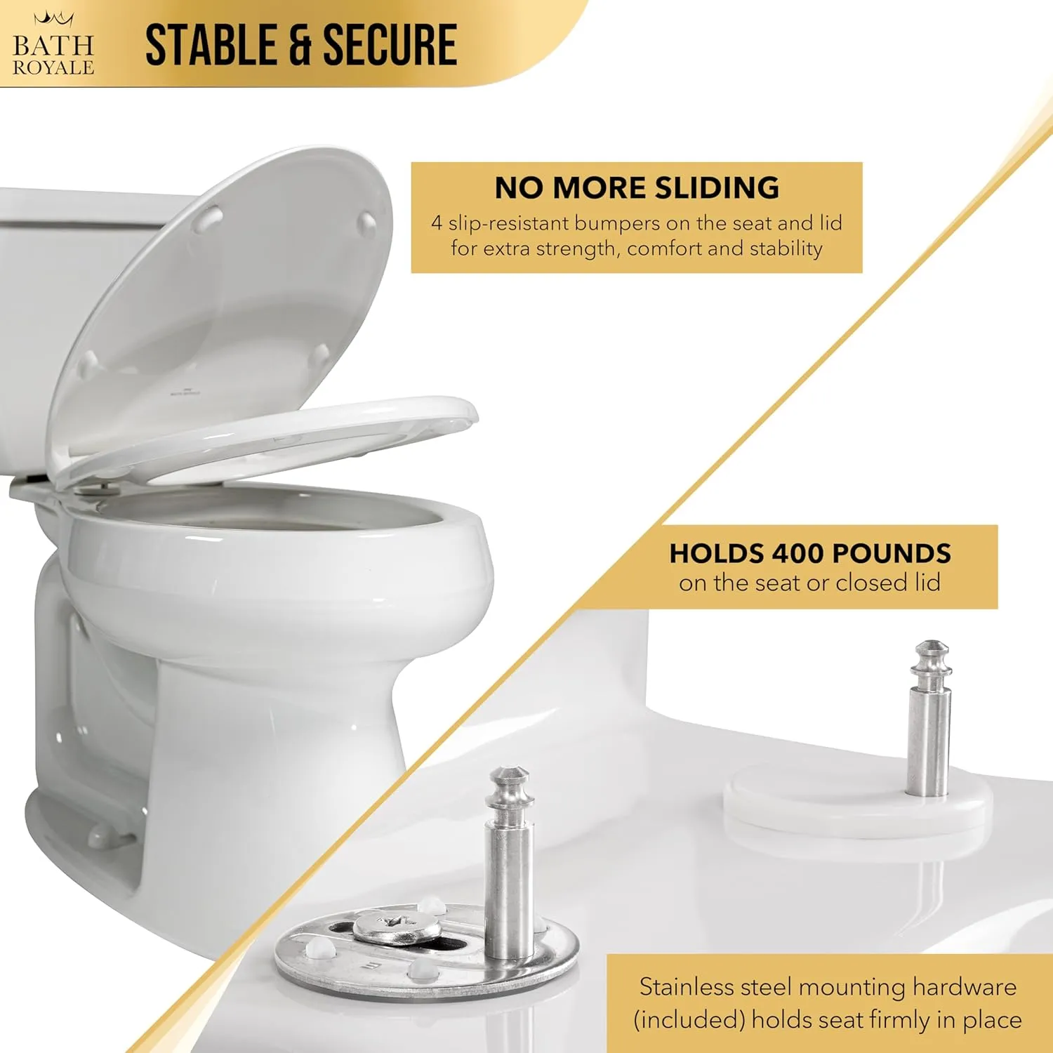 Slow Close Toilet Seat BR501-00 White Elongated, Stain-Resistant and Easy to Keep Clean, Heavy Duty Fits All Toilet Brands, Executive Series