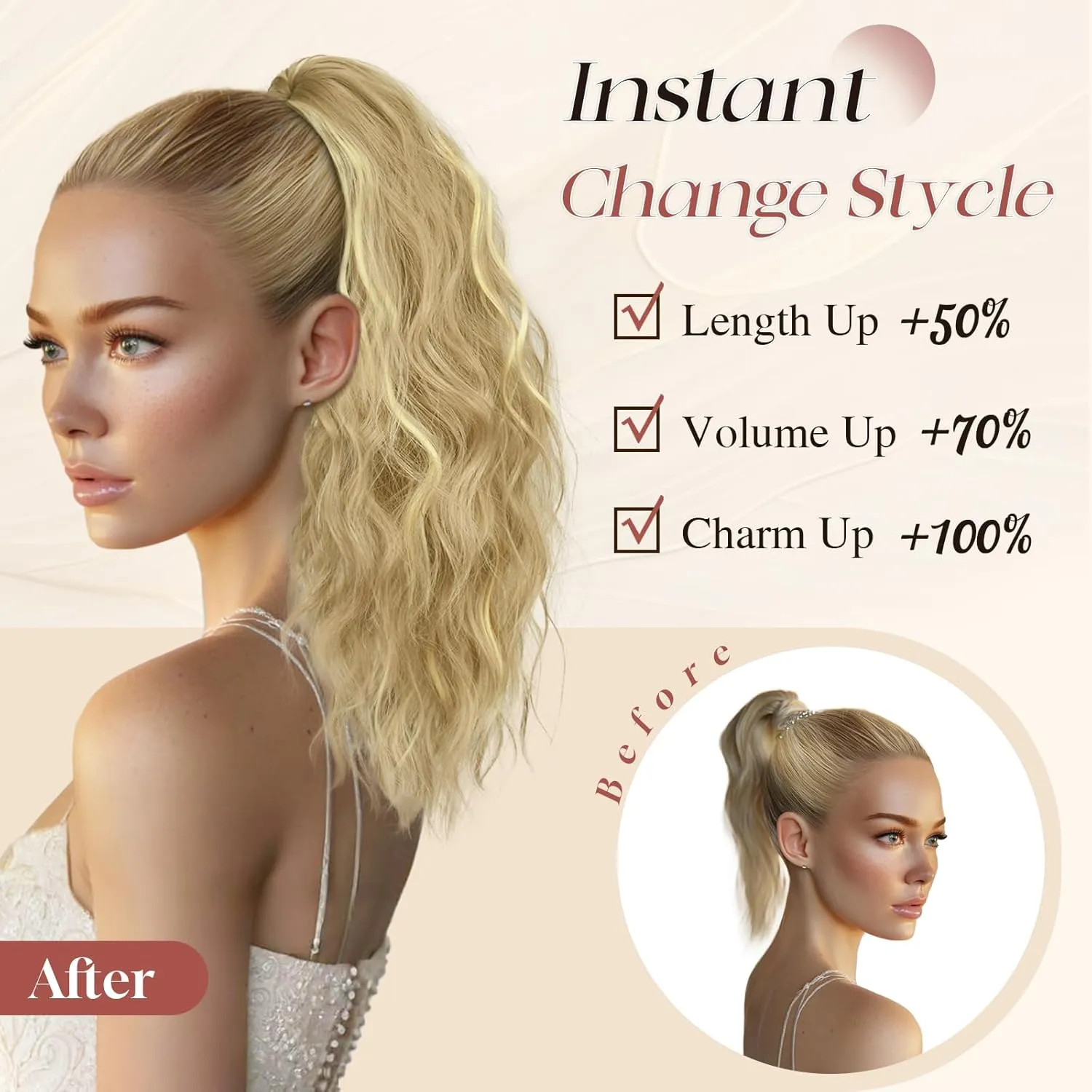 SOFEIYAN Ponytail Extension, 16 inch Claw Clip Ponytail Extension Wavy Curly Ponytails Synthetic Pony Tails Hair Extensions Natural Fake Hairpiece for Women - Beige Blonde Mix Blonde