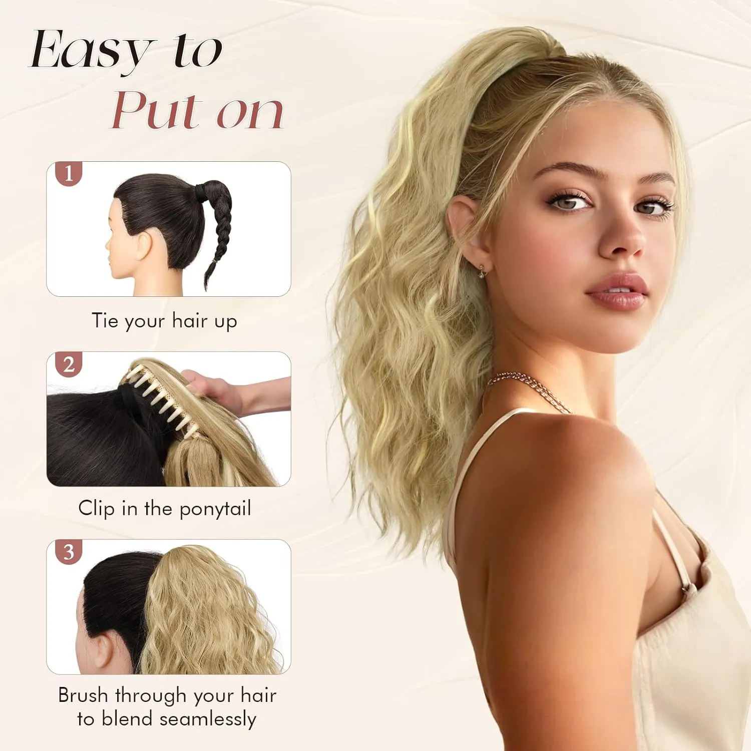 SOFEIYAN Ponytail Extension, 16 inch Claw Clip Ponytail Extension Wavy Curly Ponytails Synthetic Pony Tails Hair Extensions Natural Fake Hairpiece for Women - Beige Blonde Mix Blonde