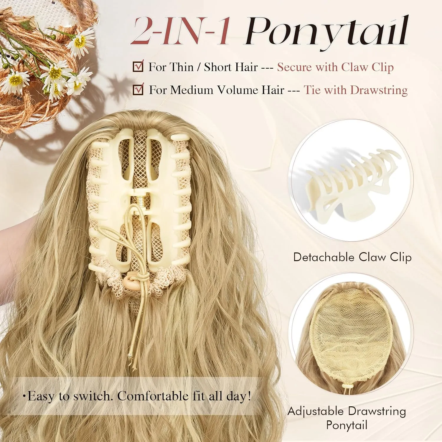 SOFEIYAN Ponytail Extension, 16 inch Claw Clip Ponytail Extension Wavy Curly Ponytails Synthetic Pony Tails Hair Extensions Natural Fake Hairpiece for Women - Beige Blonde Mix Blonde