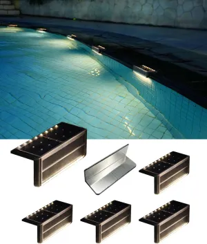 Solar Pool Deck Light, IP67 Waterproof 2-Way Step LED, Heavy Duty Stainless-Steel Retaining Wall Light, Ultra-Thin & Anti-Trip for Path, Yard, Stair (Warm White, 6Pack)