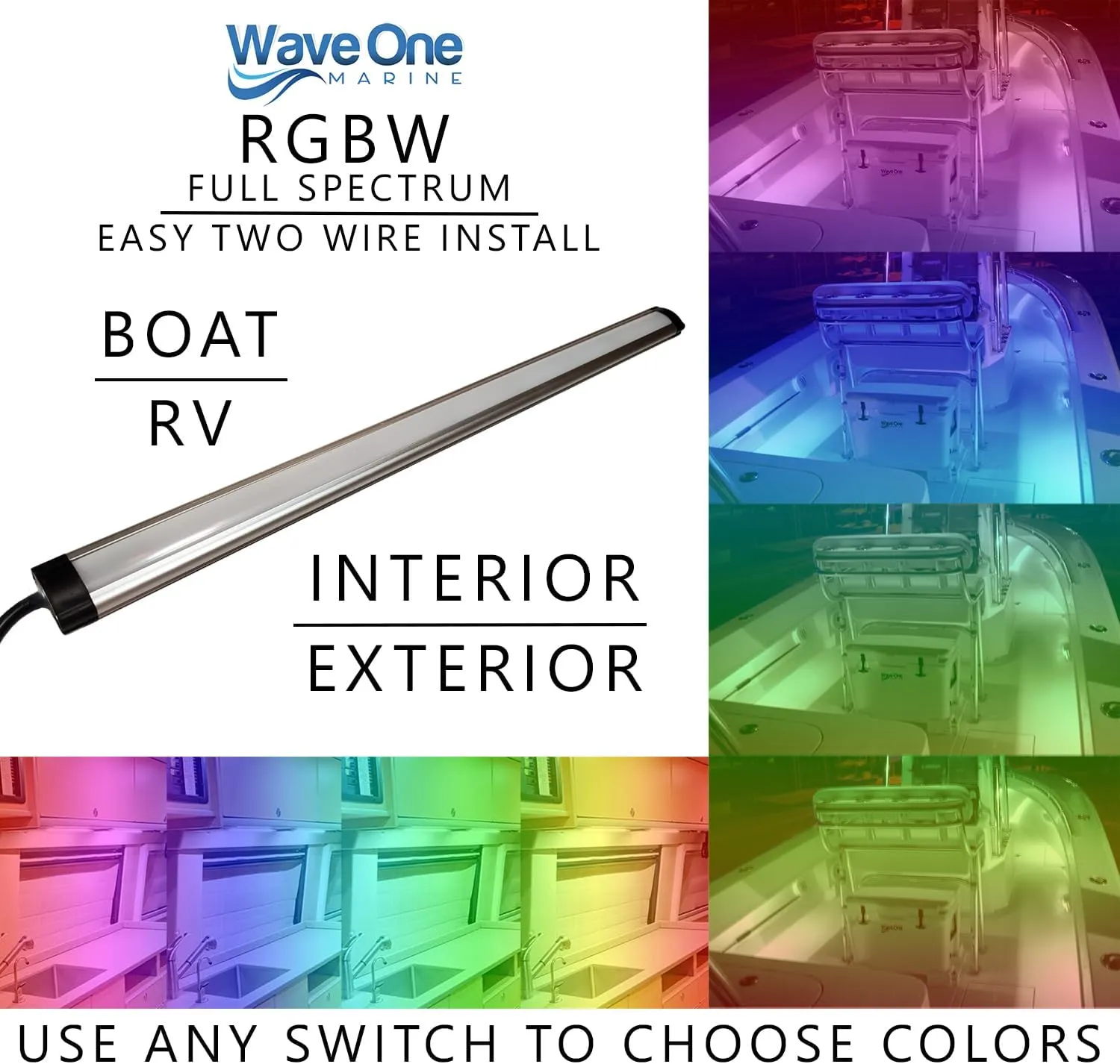 Spectrum RGBW Rigid Light | Internal Driver LED Waterproof Boat Accent Courtesy Light 12V Volt RV | Multi Color Two Wire Switch Control | Gunnel Deck Pontoon Strip | IP67 (16")