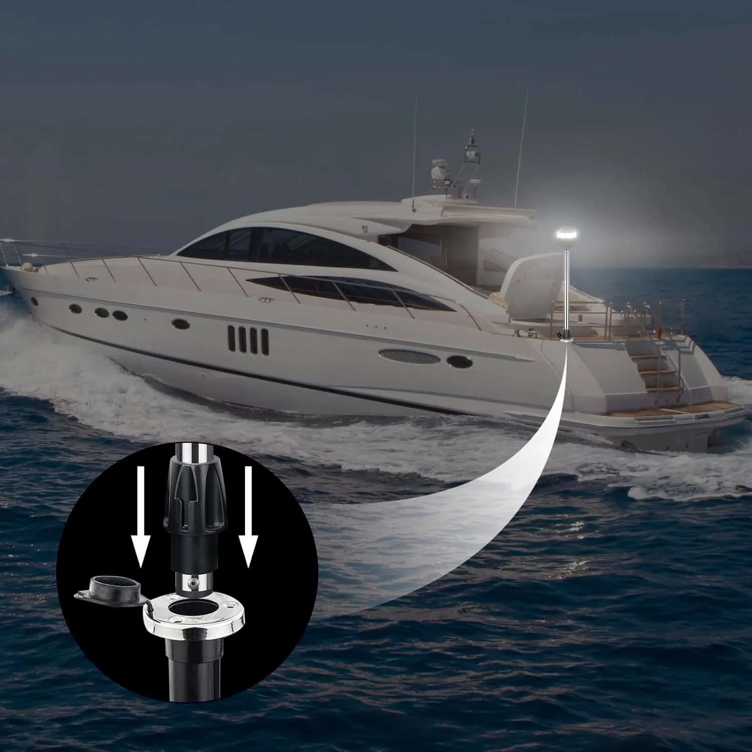 Stern Light, Anchor Light, All Round White LED, USCG 2 NM, for Pontoon and Fishing Boat, DC10-30V (24Inches, With Plug-in Base)