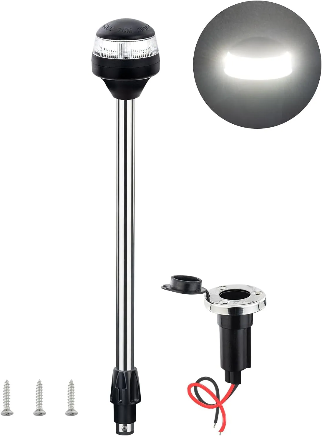 Stern Light, Anchor Light, All Round White LED, USCG 2 NM, for Pontoon and Fishing Boat, DC10-30V (24Inches, With Plug-in Base)