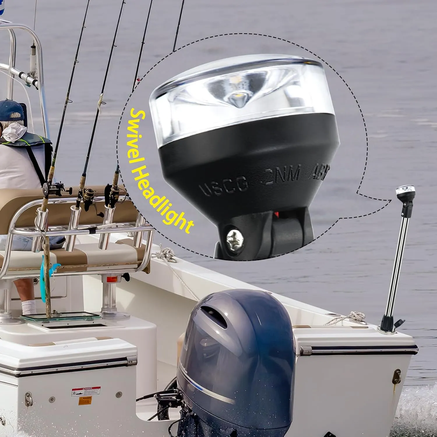 Stern Light Boat Anchor Light Marine Navigation lights USCG 2 NM All Round White LED Removable 2 Pin 12 Volts 24 Inches (Stainless steel Cover with plug-in base)