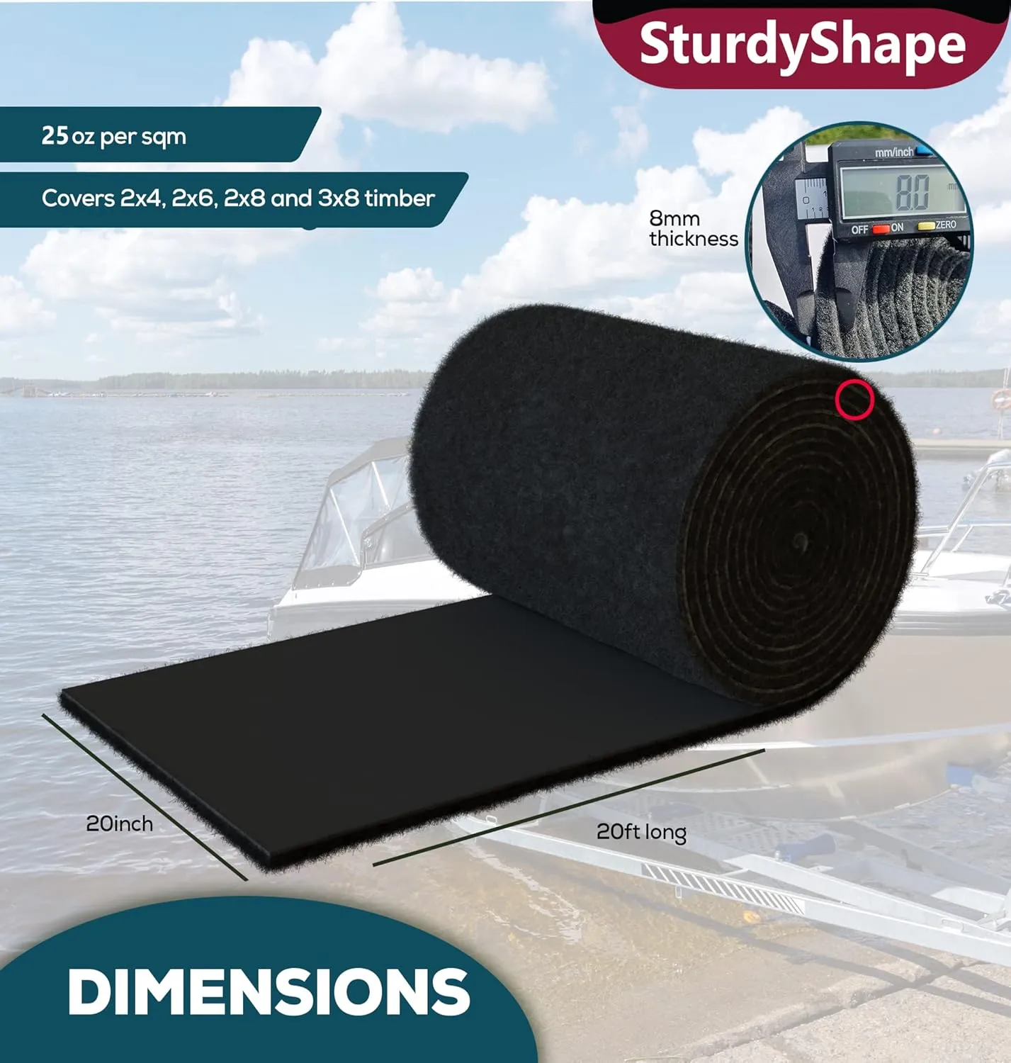 SturdyShape Thick Boat Trailer Bunk Carpet Kit 20x20 25oz - Marine Grade