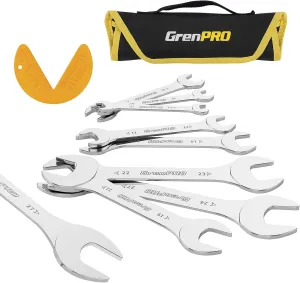 Super-Thin Metric Wrench Set, Open End Wrench Set, 9PCS 5.5, 7, 8, 9, 10, 11, 12, 13, 14, 17, 19, 21, 22,23,24,27mm, Slim Spanner Organizer Rolling Pouch with Gauge, Small Wrenches Tools Sets
