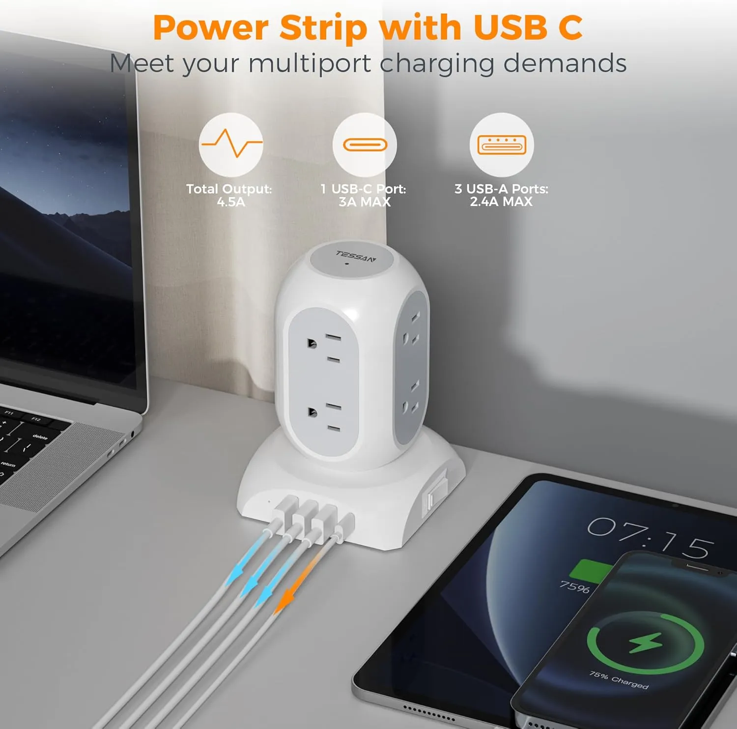 Surge Protector Power Strip Tower, TESSAN Flat Plug Extension Cord 10 Ft with 8 AC Multiple Outlets 4 USB Ports (1 USB C), 1050J Protection Desk Charging Station for Home, Office Supplies, Dorm Room
