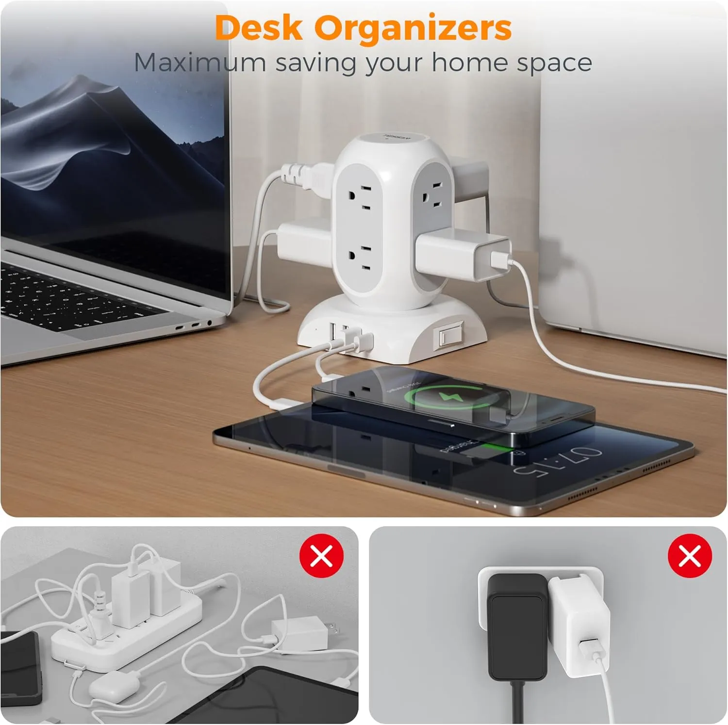 Surge Protector Power Strip Tower, TESSAN Flat Plug Extension Cord 10 Ft with 8 AC Multiple Outlets 4 USB Ports (1 USB C), 1050J Protection Desk Charging Station for Home, Office Supplies, Dorm Room