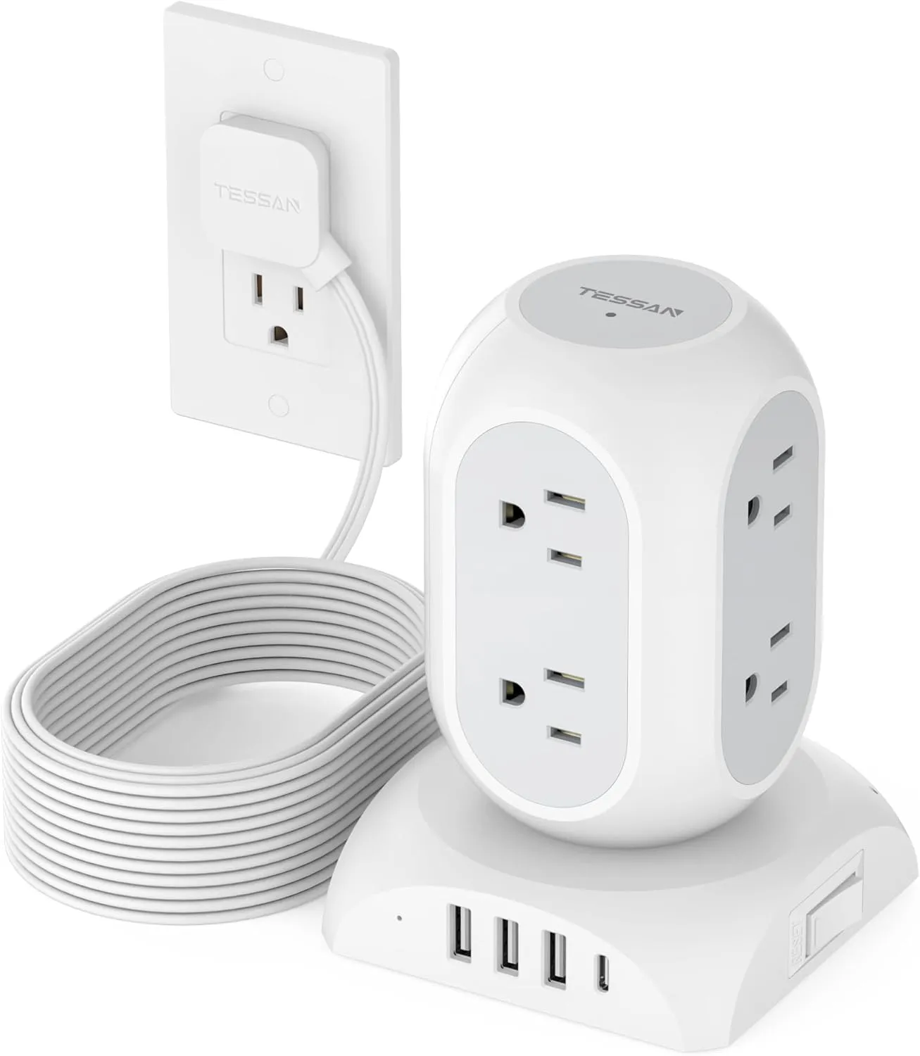 Surge Protector Power Strip Tower, TESSAN Flat Plug Extension Cord 10 Ft with 8 AC Multiple Outlets 4 USB Ports (1 USB C), 1050J Protection Desk Charging Station for Home, Office Supplies, Dorm Room