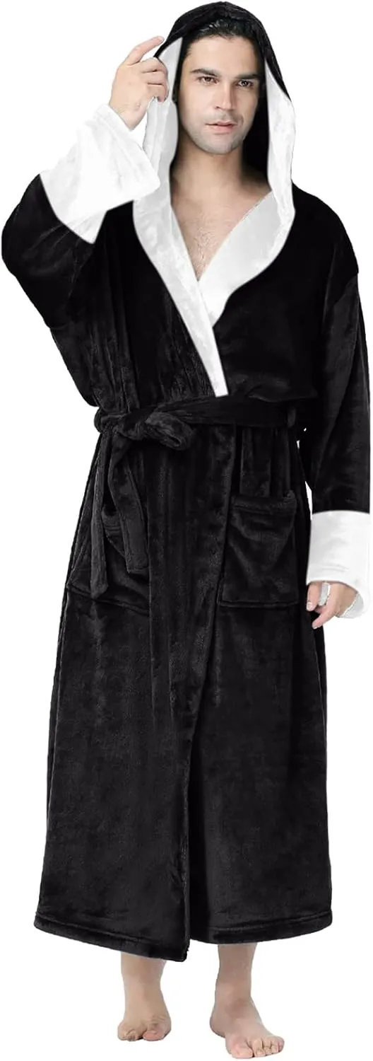SUWBMHWE Mens Robe with Hood Long Soft Fluffy House Coat Lounge Robes Full Length Bathrobes men Plush Bathrobe Sleepwear