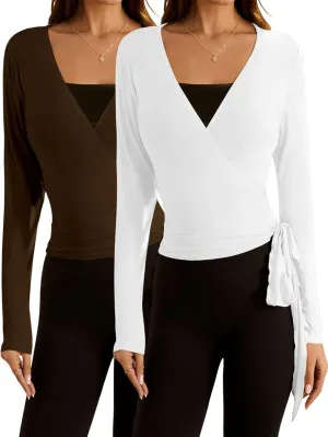 SweatyRocks Women's 2 Pack Long Sleeve Ballet Pilates Yoga Wrap Shirts Tie Front Workout Tops