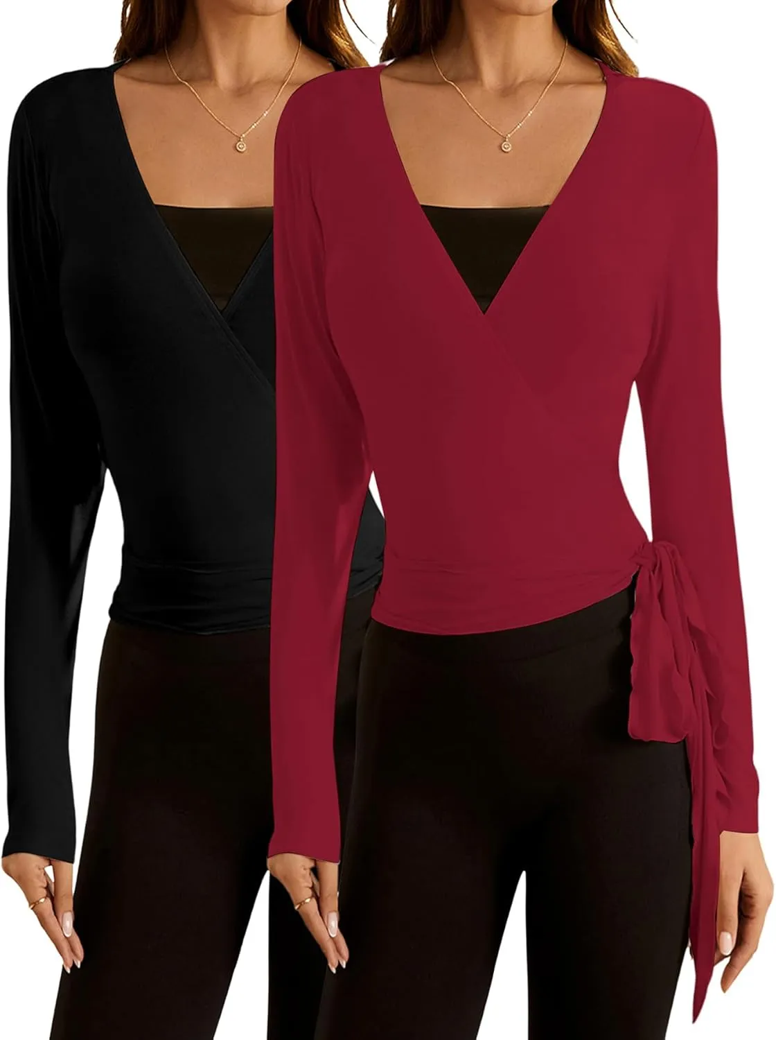 SweatyRocks Women's 2 Pack Long Sleeve Ballet Pilates Yoga Wrap Shirts Tie Front Workout Tops