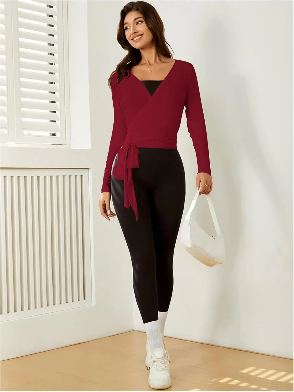 SweatyRocks Women's 2 Pack Long Sleeve Ballet Pilates Yoga Wrap Shirts Tie Front Workout Tops