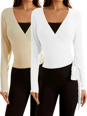 SweatyRocks Women's 2 Pack Long Sleeve Ballet Pilates Yoga Wrap Shirts Tie Front Workout Tops