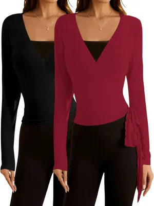 SweatyRocks Women's 2 Pack Long Sleeve Ballet Pilates Yoga Wrap Shirts Tie Front Workout Tops