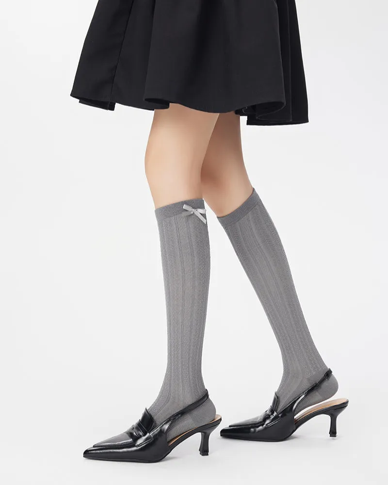 Sweetnana Solid Bow Socks with Twist Pattern Women's Knee High Socks Thin Breathable Socks for Spring and Summer Seamless Socks