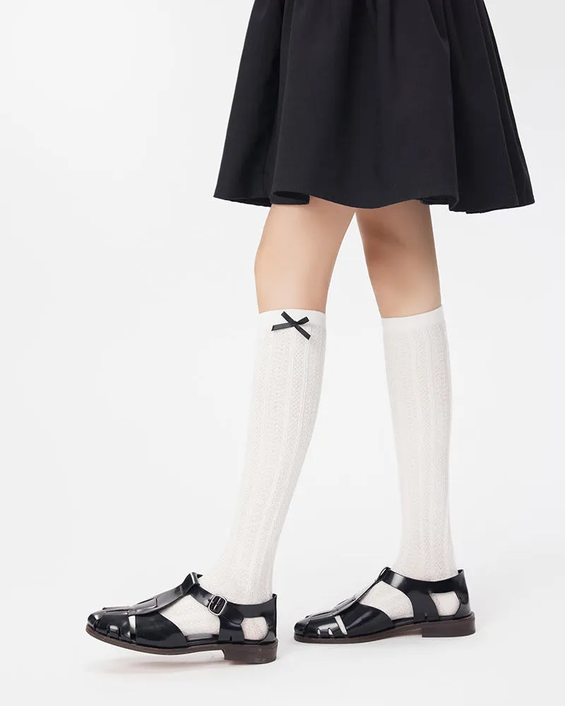 Sweetnana Solid Bow Socks with Twist Pattern Women's Knee High Socks Thin Breathable Socks for Spring and Summer Seamless Socks