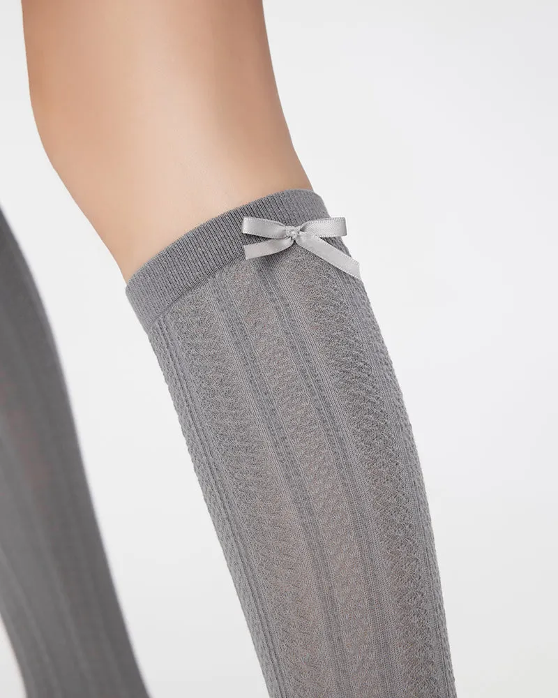 Sweetnana Solid Bow Socks with Twist Pattern Women's Knee High Socks Thin Breathable Socks for Spring and Summer Seamless Socks