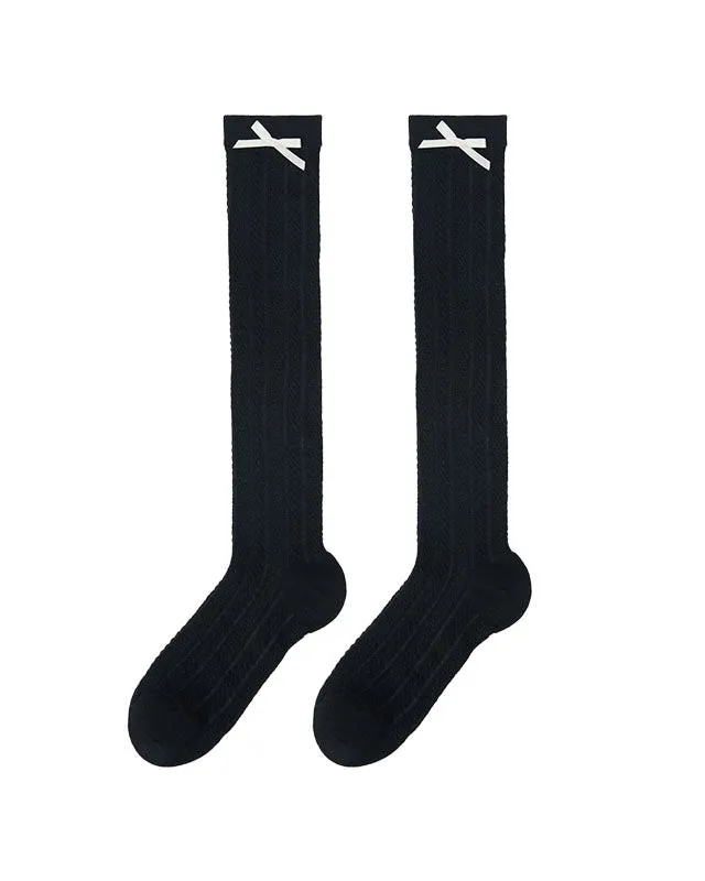Sweetnana Solid Bow Socks with Twist Pattern Women's Knee High Socks Thin Breathable Socks for Spring and Summer Seamless Socks