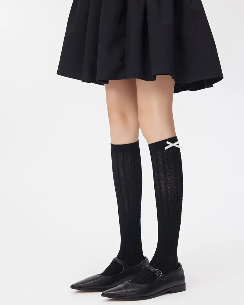 Sweetnana Solid Bow Socks with Twist Pattern Women's Knee High Socks Thin Breathable Socks for Spring and Summer Seamless Socks
