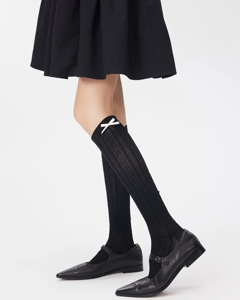 Sweetnana Solid Bow Socks with Twist Pattern Women's Knee High Socks Thin Breathable Socks for Spring and Summer Seamless Socks