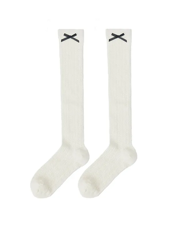 Sweetnana Solid Bow Socks with Twist Pattern Women's Knee High Socks Thin Breathable Socks for Spring and Summer Seamless Socks