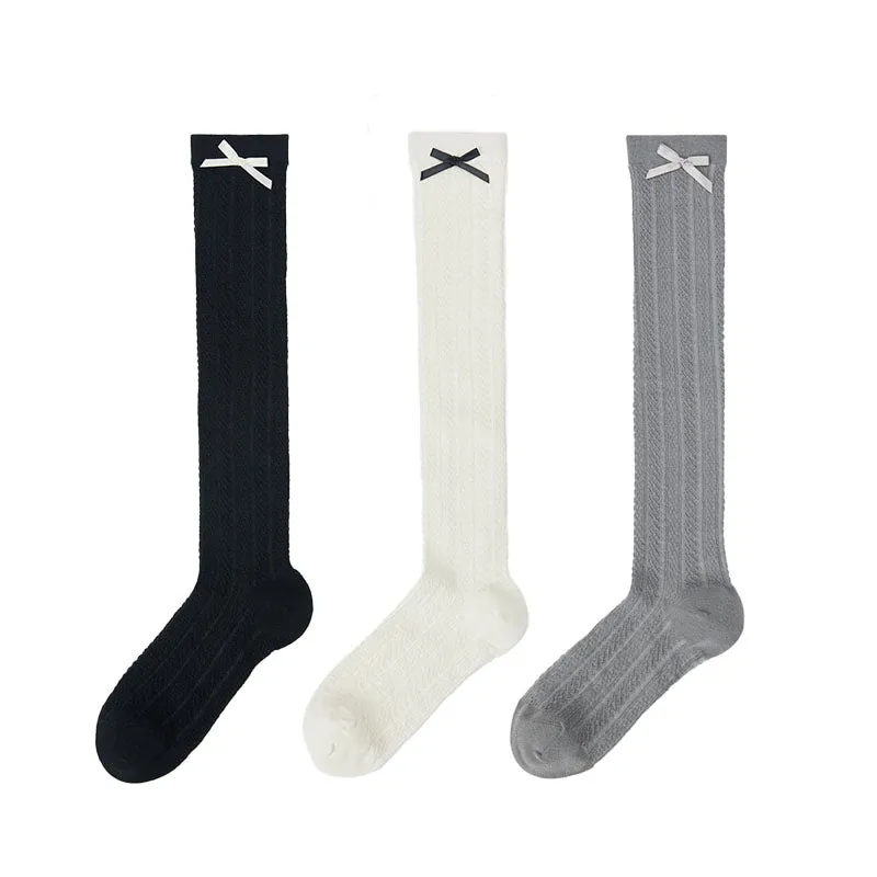 Sweetnana Solid Bow Socks with Twist Pattern Women's Knee High Socks Thin Breathable Socks for Spring and Summer Seamless Socks