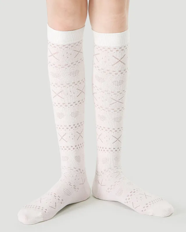Sweetnana Women's Cotton Seamless Socks for Spring/Summer, Hollow printing, Solid Color, Ballet Style, Thin Mesh Socks, Comfort and Breathable, Calf Socks.