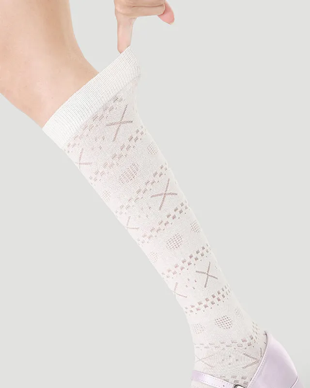 Sweetnana Women's Cotton Seamless Socks for Spring/Summer, Hollow printing, Solid Color, Ballet Style, Thin Mesh Socks, Comfort and Breathable, Calf Socks.