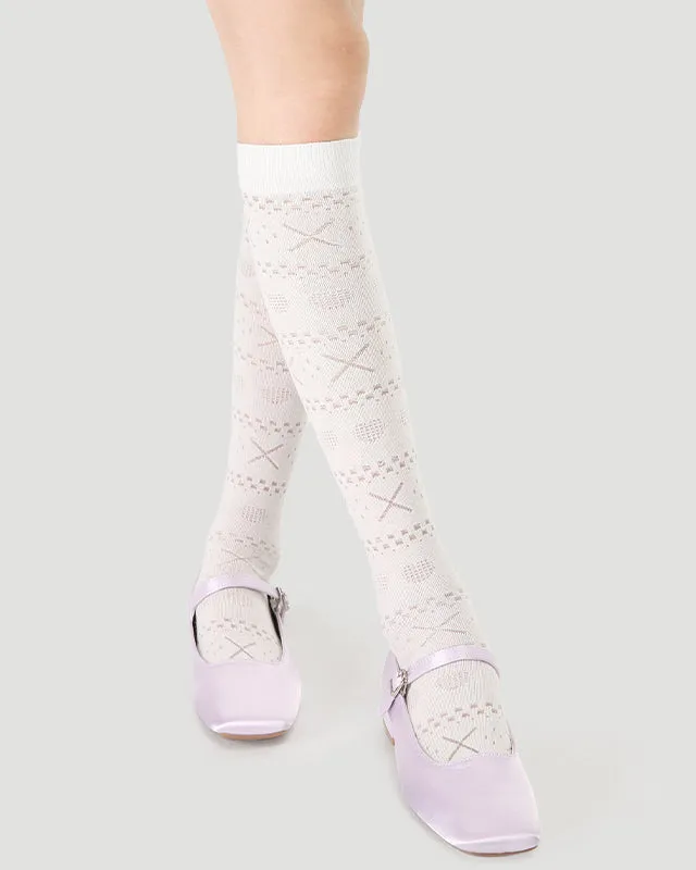 Sweetnana Women's Cotton Seamless Socks for Spring/Summer, Hollow printing, Solid Color, Ballet Style, Thin Mesh Socks, Comfort and Breathable, Calf Socks.