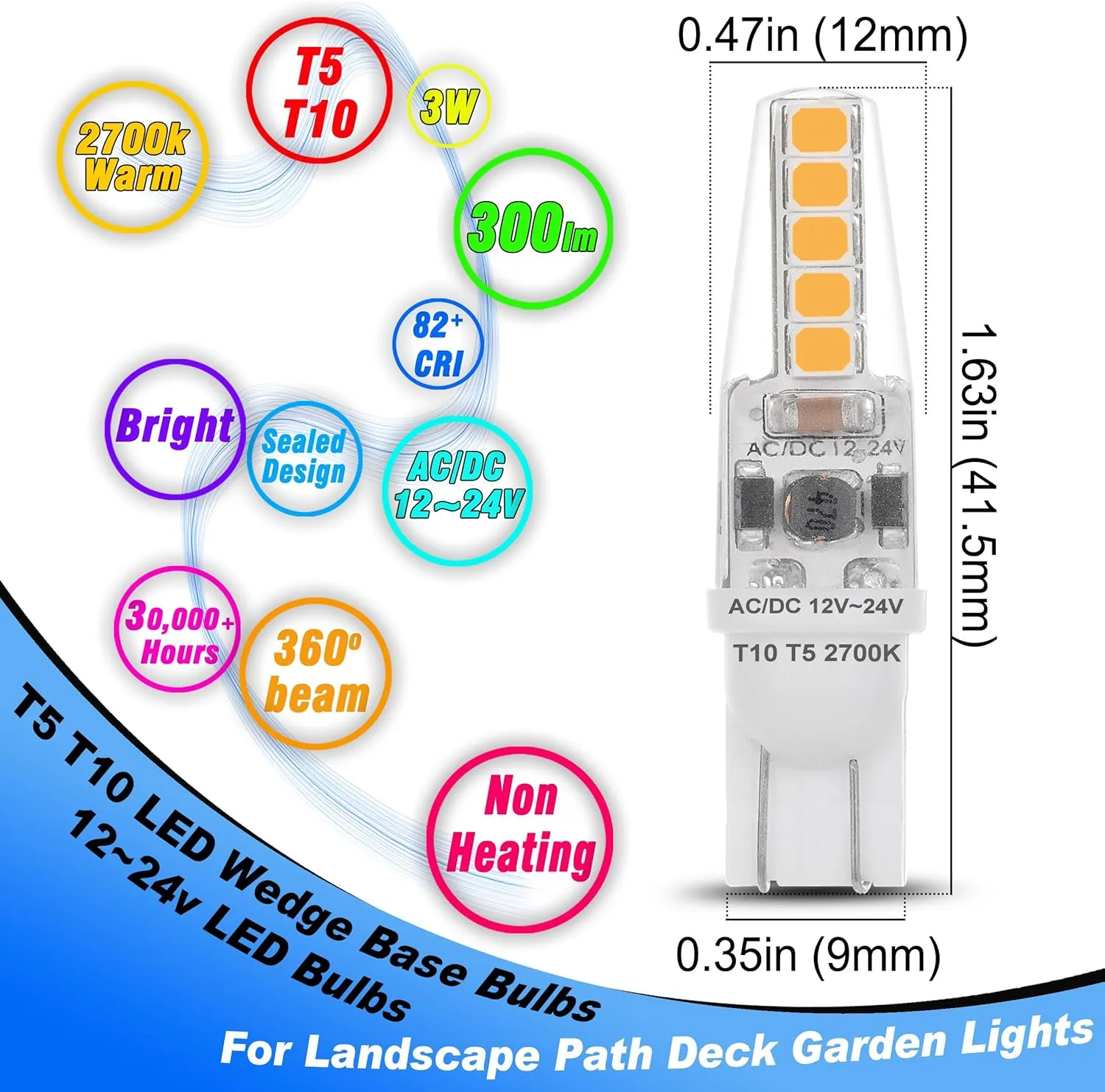 T5 T10 Wedge Base Landscape Light Bulbs 3 Watt Replace 25W 30W Halogen 2700K Warm White 300lm 12V-24VAC/DC 921 194 LED Bulb for Landscape RV Camper Marine Boat Garden Pathway Lighting, 10 Pack