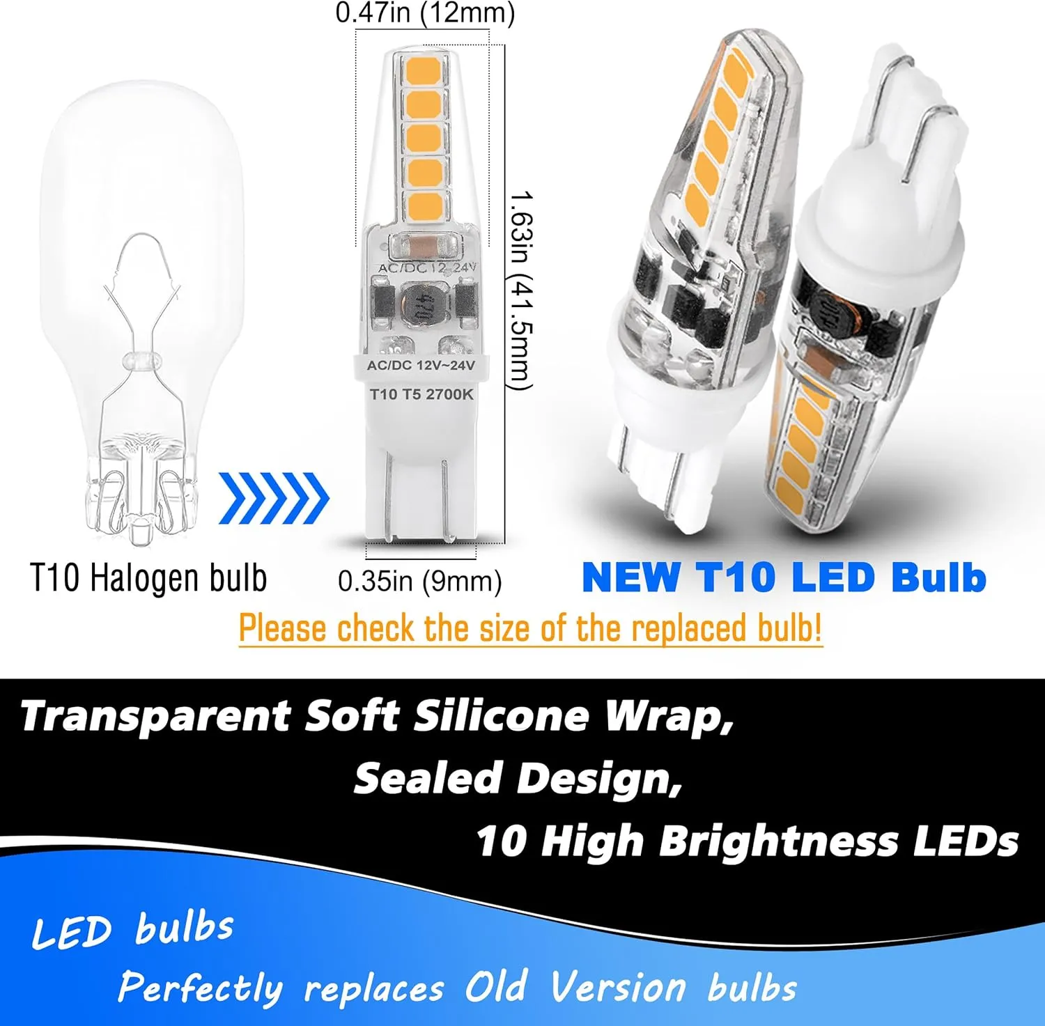 T5 T10 Wedge Base Landscape Light Bulbs 3 Watt Replace 25W 30W Halogen 2700K Warm White 300lm 12V-24VAC/DC 921 194 LED Bulb for Landscape RV Camper Marine Boat Garden Pathway Lighting, 10 Pack