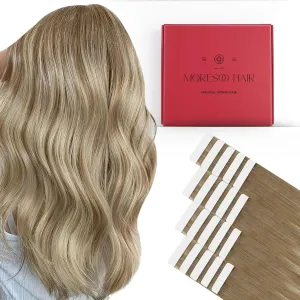 Tape Bundle Total 40 Pieces - Moresoo Hair Extensions Tape in 14 Inch Blonde Balayage Tape in Hair Extensions Human Hair #P6/60 & #8/22/8 Invisible PU Tape in Hair