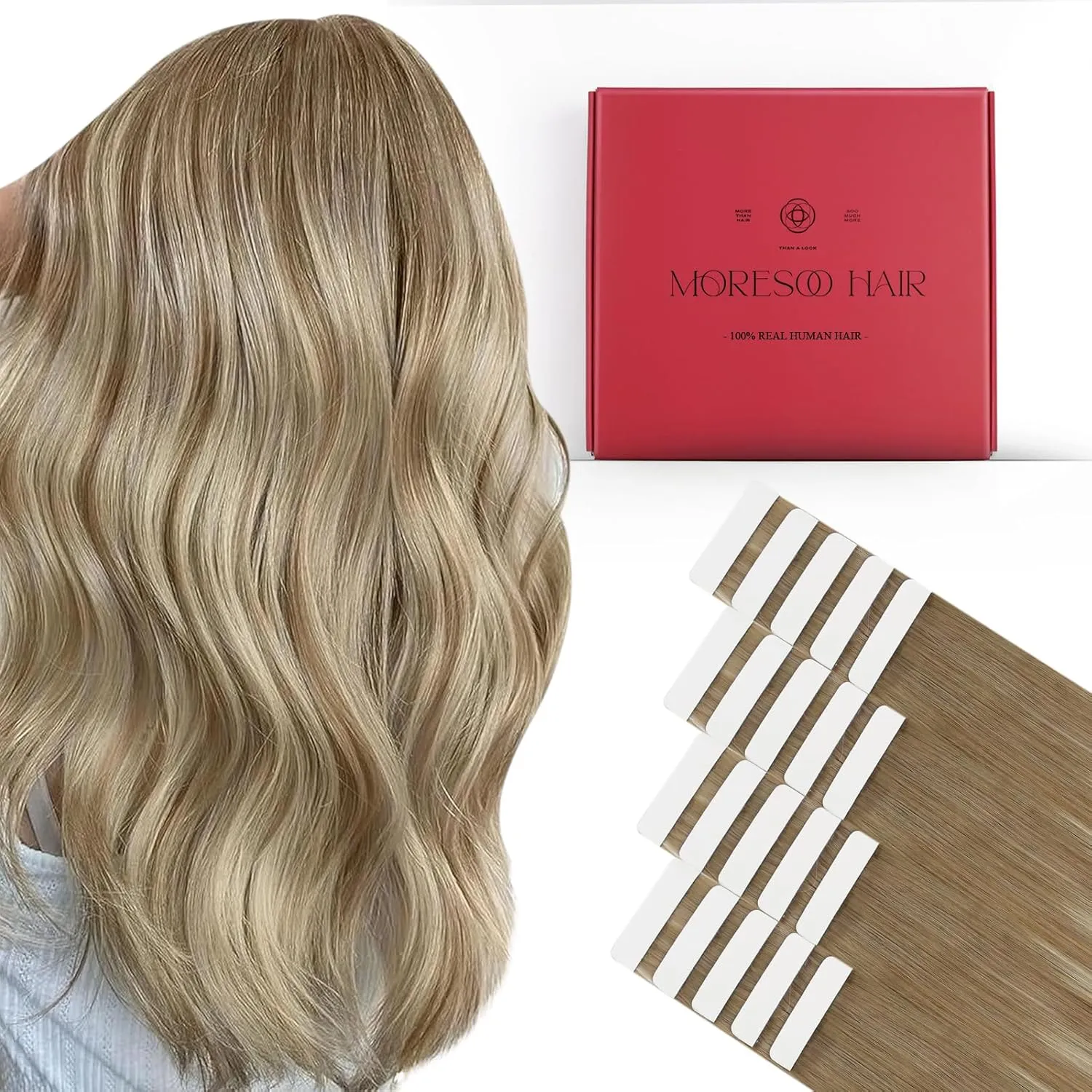Tape Bundle Total 40 Pieces - Moresoo Hair Extensions Tape in 14 Inch Blonde Balayage Tape in Hair Extensions Human Hair #P6/60 & #8/22/8 Invisible PU Tape in Hair