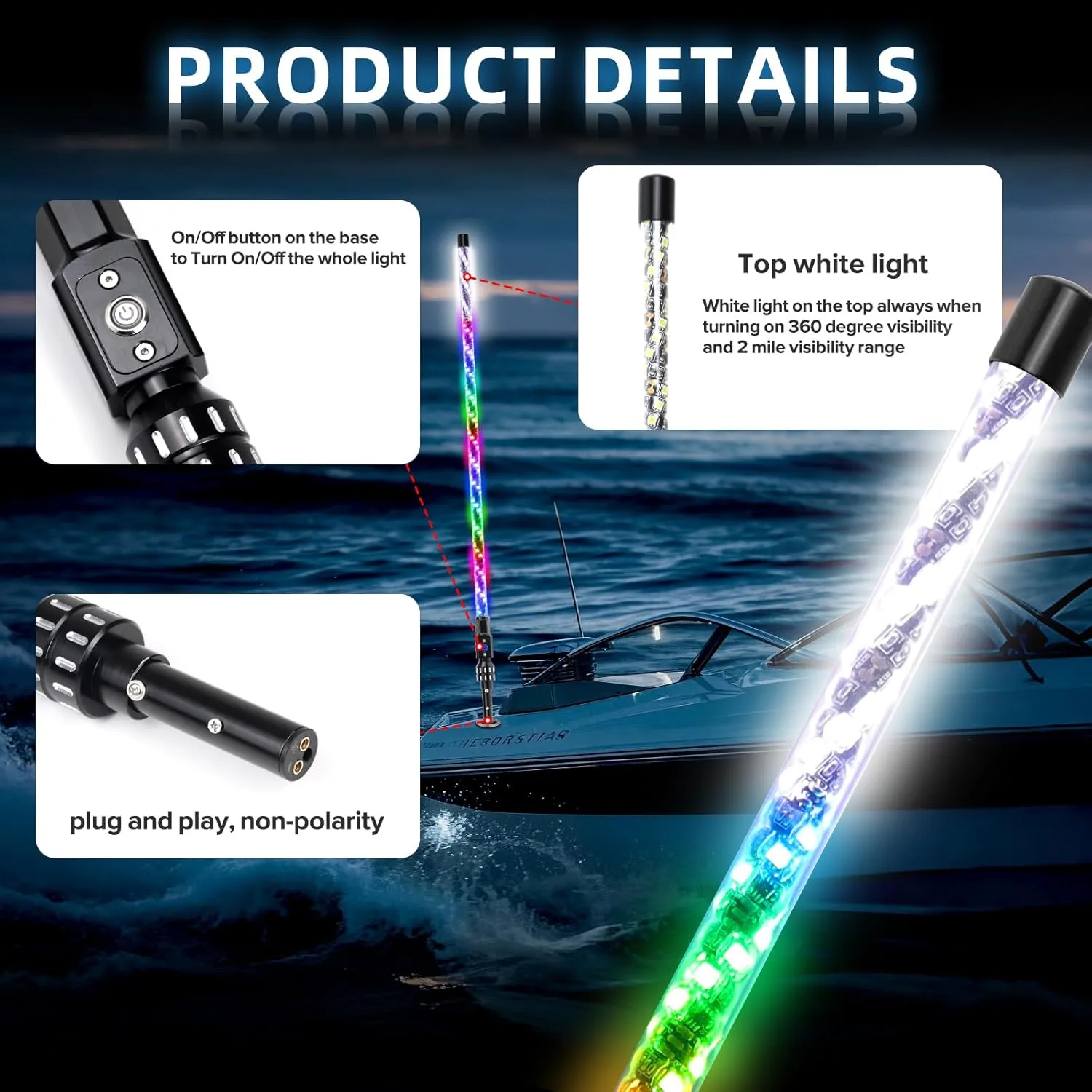 Tavaray 3FT Boat Navigation Lights, Nav Lights for Boats with 600  Dynamic RGB Patterns, Remote Control, 2NM Coast Guard Compliant, 360° Visibility, Boat Stern Light with Top White LED